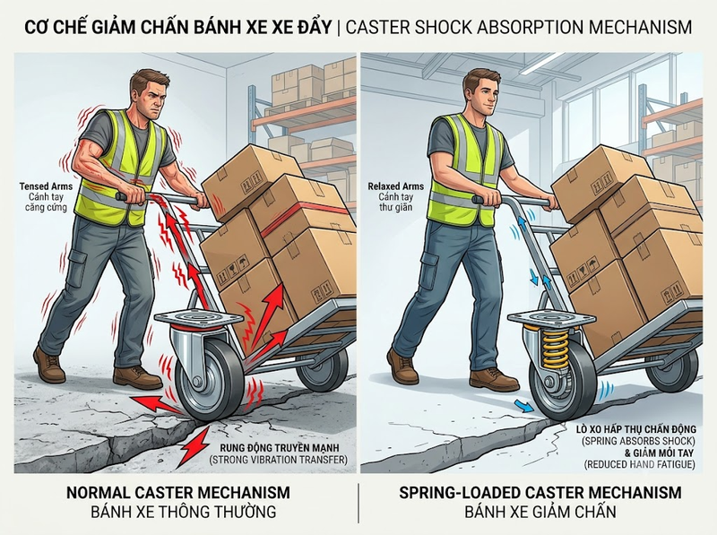 Bánh xe đẩy giảm chấn có giúp hạn chế mỏi tay không?