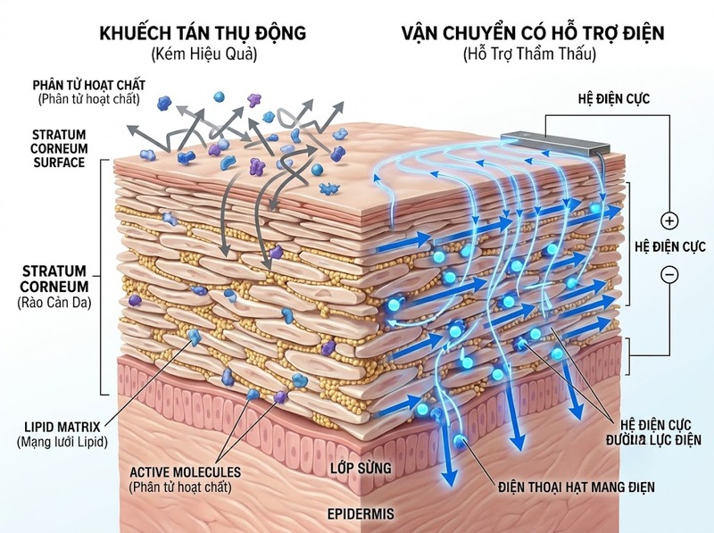 Công nghệ điện di hỗ trợ vận chuyển hoạt chất qua da bằng cơ chế nào?