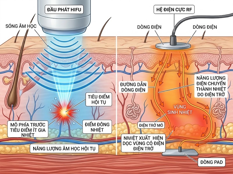 HIFU và RF khác nhau về năng lượng, độ sâu và mục tiêu tác động thế nào?