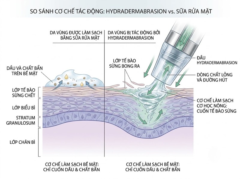 Hydradermabrasion kết hợp làm sạch, hút và cấp dung dịch khác gì phương pháp thường?
