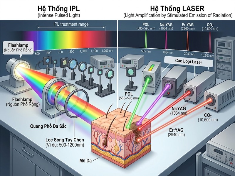 IPL và laser khác nhau về nguồn sáng, cơ chế và phạm vi ứng dụng thế nào?