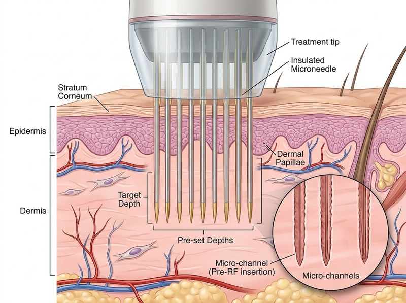 Microneedling RF đưa năng lượng vào da qua vi kim bằng cách nào?