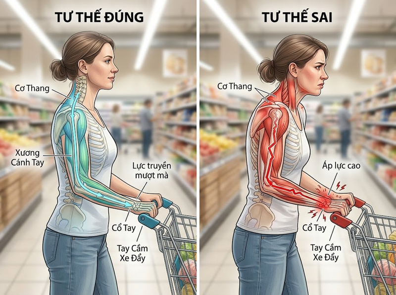 Tay cầm xe đẩy công thái học ảnh hưởng thế nào đến cổ tay và vai?