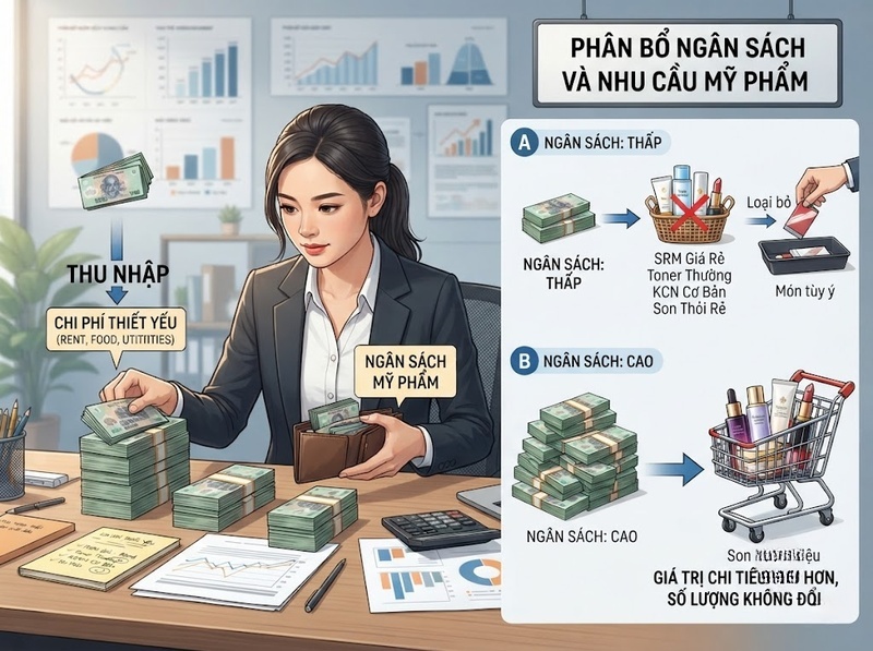 Thu nhập và nhu cầu mỹ phẩm thay đổi ra sao giữa các nhóm khách hàng?