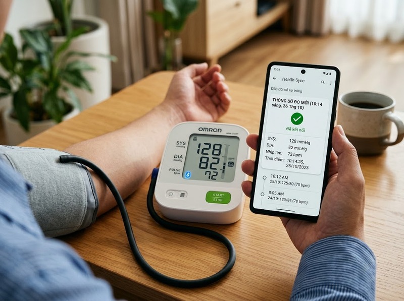 Ứng dụng theo dõi huyết áp kết nối thiết bị và tổng hợp kết quả ra sao?